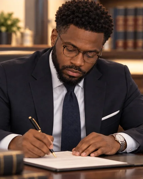 Benny U. Enemchukwu reviewing a document at his desk.